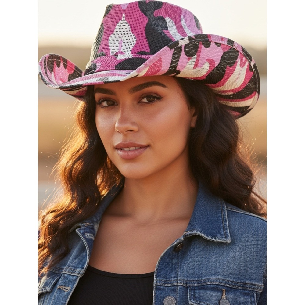 Womens Pink Camo Straw Cowboy‎ Hat Western Festival Cowgirl Camouflage Sun Hat